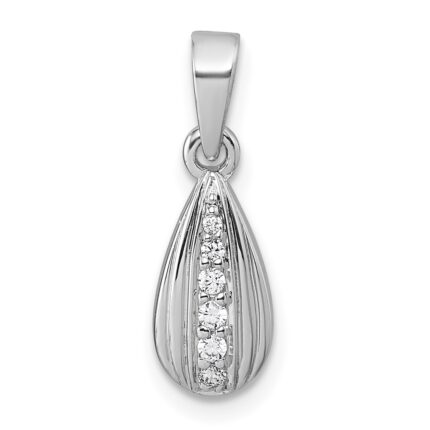 Sterling Silver Rhodium-plated Polished and Grooved White CZ Tear Drop Pendant