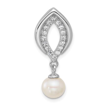 Sterling Silver Rhodium-plated Polished CZ and 6-7mm Freshwater Cultured Pearl Dangle Chain Slide Pendant