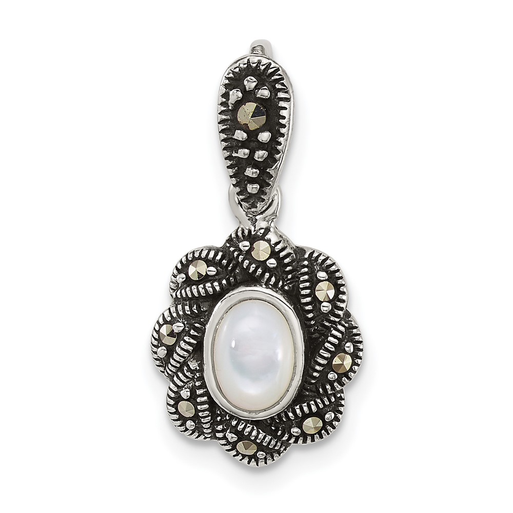 QG7183P.jpg Sterling Silver Antiqued Marcasite and Mother of Pearl Oval Fancy Pendant - Image 1