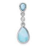 Sterling Silver Rhodium-plated Polished Pear Larimar Cabochon and CZ Teardrop Chain Slide Pendant