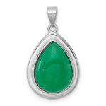 Sterling Silver Rhodium-plated Polished Pear-Shaped Dyed Jade Quartz Cabochon Pendant