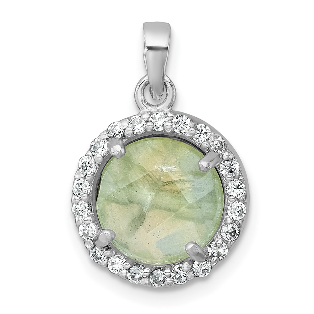 QG7194P.jpg Sterling Silver Rhodium-plated Polished CZ Halo and Faceted Prehnite Circle Pendant - Image 1