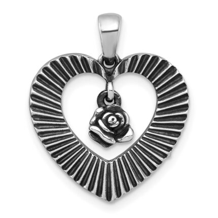 Sterling Silver Antiqued Polished Open Heart With Dangling Flower Pendant