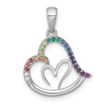 Sterling Silver Rhodium-plated Polished Rainbow Nano Crystals Double Heart Pendant