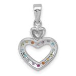 Sterling Silver Rhodium-plated Polished Rainbow CZ Double Heart Pendant - Image 3
