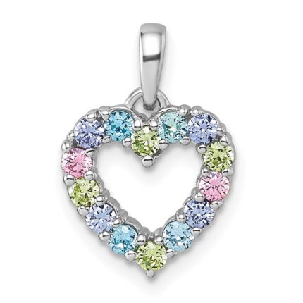 Sterling Silver Rhodium-plated Polished Pastel Blue, Pink, Green and Purple CZ Heart Pendant
