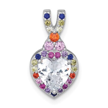 Sterling Silver Rhodium-plated Polished Multi-color Rainbow CZ Heart Halo Chain Slide Pendant