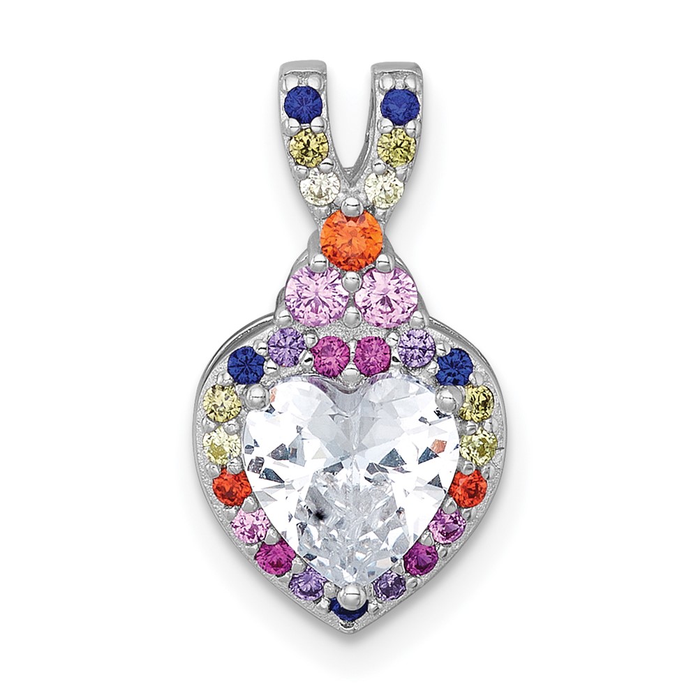 QG7204P.jpg Sterling Silver Rhodium-plated Polished Multi-color Rainbow CZ Heart Halo Chain Slide Pendant - Image 1
