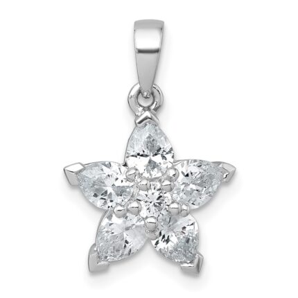 Sterling Silver Rhodium-plated Polished Round and Pear CZ Flower Pendant
