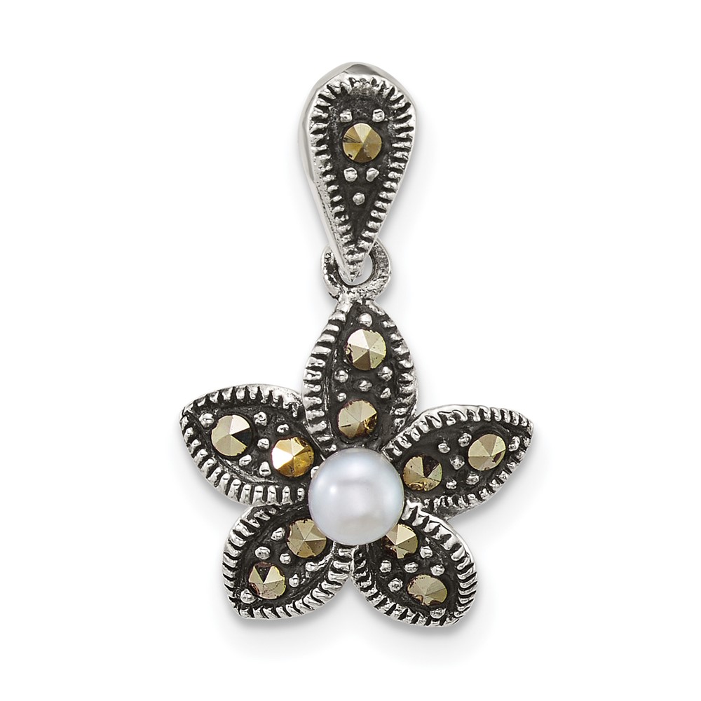 QG7225P.jpg Sterling Silver Antiqued Marcasite and Freshwater Cultured Pearl Fancy Flower Pendant - Image 1