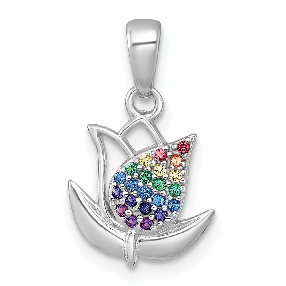 QG7226P.jpg Sterling Silver Rhodium-plated Polished Rainbow Nano Crystals Tulip Pendant - Image 1