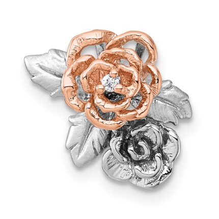 Sterling Silver Rhodium-plated and Rose Gold-plated CZ Flowers Chain Slide Pendant