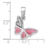 Sterling Silver Rhodium-plated Polished CZ and Pink Enamel Butterfly Pendant - Image 4