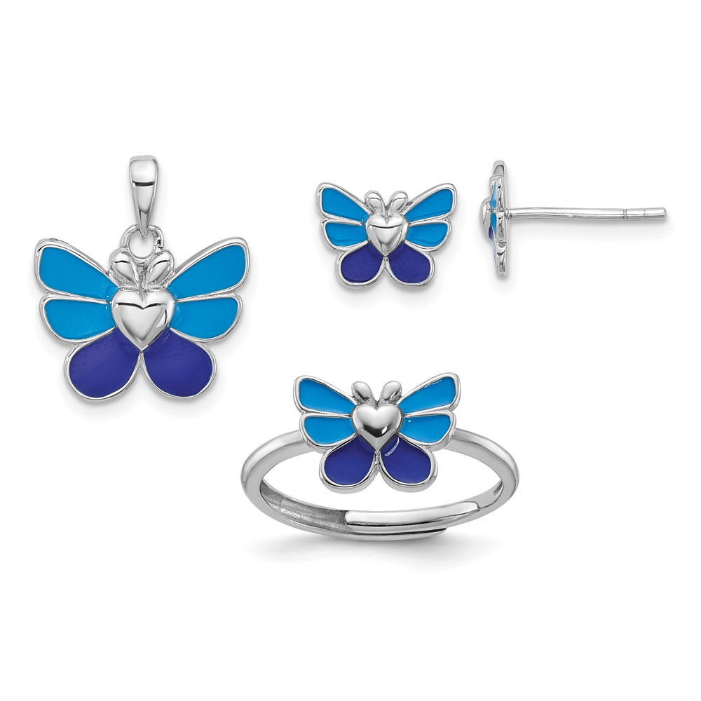 QH5201SET.jpg Sterling Silver Rhodium-plated Polished & Enameled Butterfly Children's Earring Ring & Pendant Set - Image 1