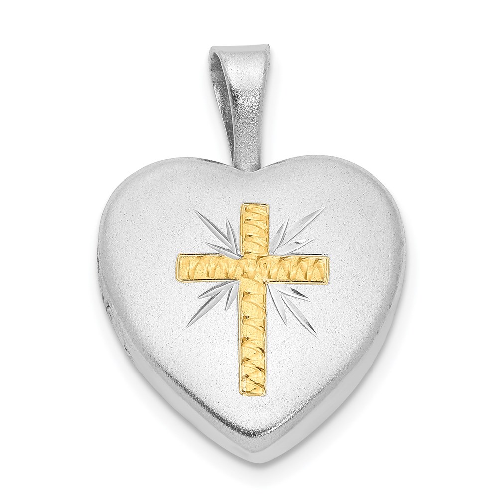 QLS1027.jpg Sterling Silver Platinum-plated & Gold Tone Satin & D/C Cross Heart Locket - Image 1
