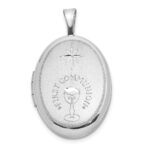Sterling Silver Rhodium-plated D/C First Communion 19x15mm Oval Locket
