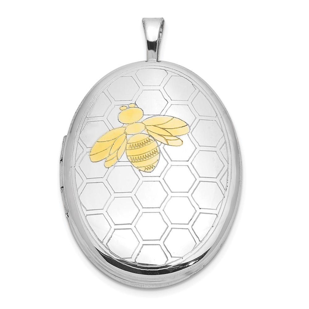 QLS1063.jpg Sterling Silver RH-plated Gold-tone Bee & Honeycomb 26x20mm Oval Locket - Image 1