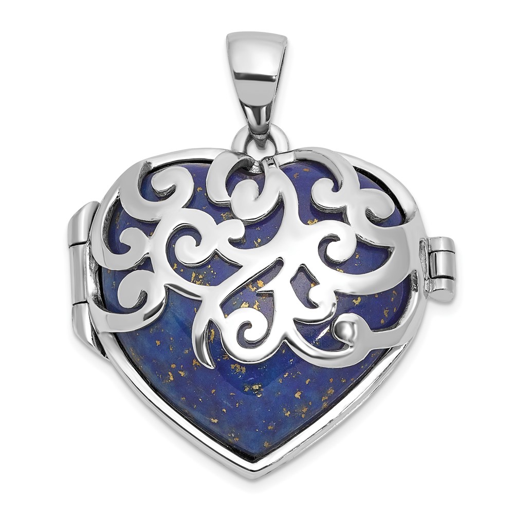 QLS1150.jpg Sterling Silver Rhodium-plated Lapis Lazuli Heart 23mm Locket Pendant - Image 1