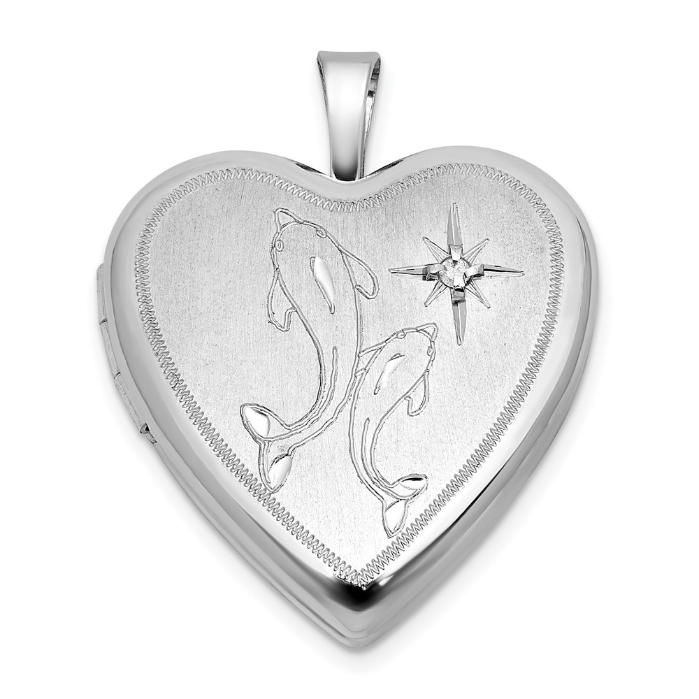 QLS1194.jpg Sterling Silver Rhodium-plated Brushed 1/20 carat Diamond Two Dolphins 20mm Heart Locket - Image 1