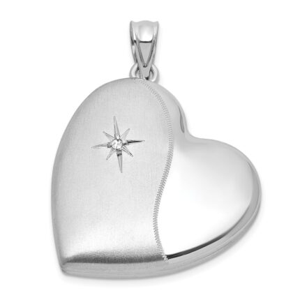 Sterling Silver Rhodium-plated Brushed And Polished 1/20 carat Diamond 24mm Heart Locket