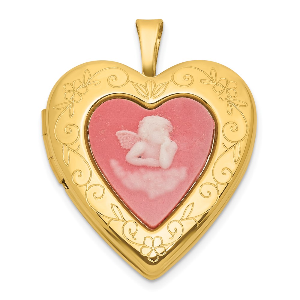QLS1204GP.jpg Sterling Silver Gold-plated Polished Front/Brushed Back Pink Angel Resin Cameo 20mm Heart Locket - Image 1