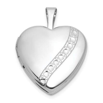 Sterling Silver Rhodium-plated Polished Front/Brushed Back with Curved Dot Design 16mm Heart Locket