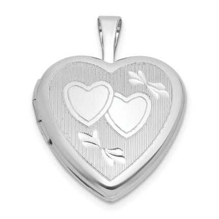 Sterling Silver Rhodium-plated Polished Front/Brushed Back Diamond-cut Twin Hearts 16mm Heart Locket