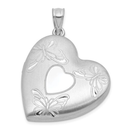 Sterling Silver Rhodium-plated Brushed Diamond-cut Butterflies 24mm Heart Locket