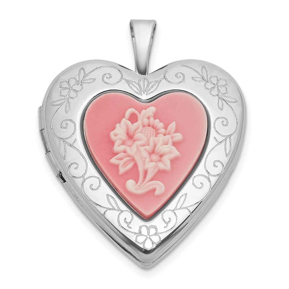 QLS1217.jpg Sterling Silver Rhodium-plated Polished Front/Brushed Back Pink Flowers Resin Cameo 20mm Heart Locket - Image 1