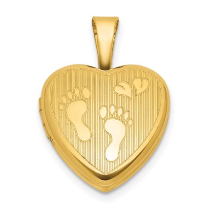 Sterling Silver Gold-plated Polished Front/Brushed Back Foot Prints with Hearts 12mm Heart Locket