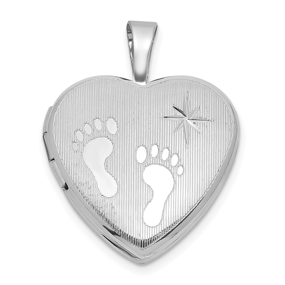 QLS1219.jpg Sterling Silver Rhodium-plated Polished Front/Brushed Back Foot Prints with Star 16mm Heart Locket - Image 1