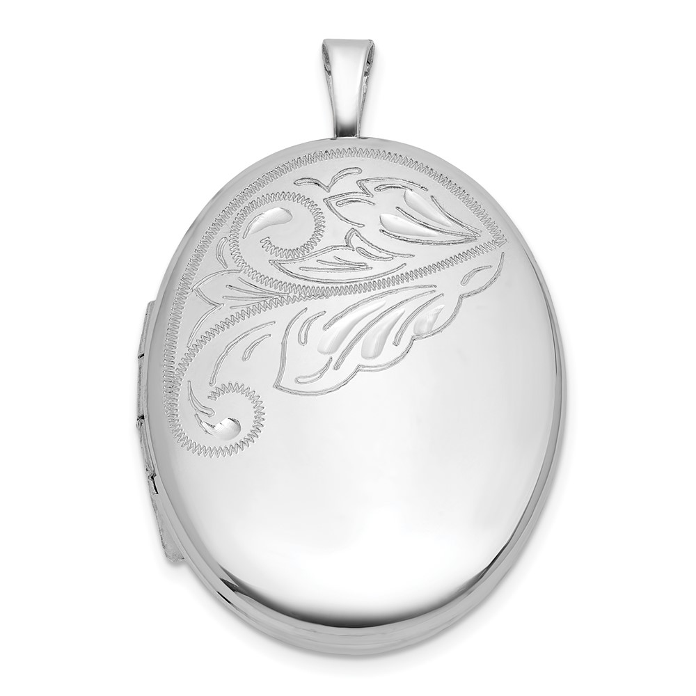 QLS1227.jpg Sterling Silver Rhodium-plated Polished Front/Brushed Back Diamond-cut Floral Design 20mm Oval Locket - Image 1