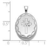 Sterling Silver Rhodium-plated Brushed  1/20 carat Diamond Engraved Cross 16mm Oval Locket - Image 5