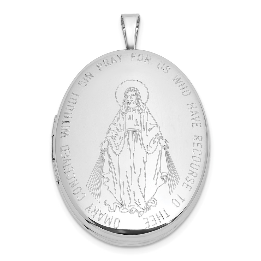 QLS1237.jpg Sterling Silver Rhodium-plated Polished Front/Brushed Back Miraculous Medal 20mm Oval Locket - Image 1