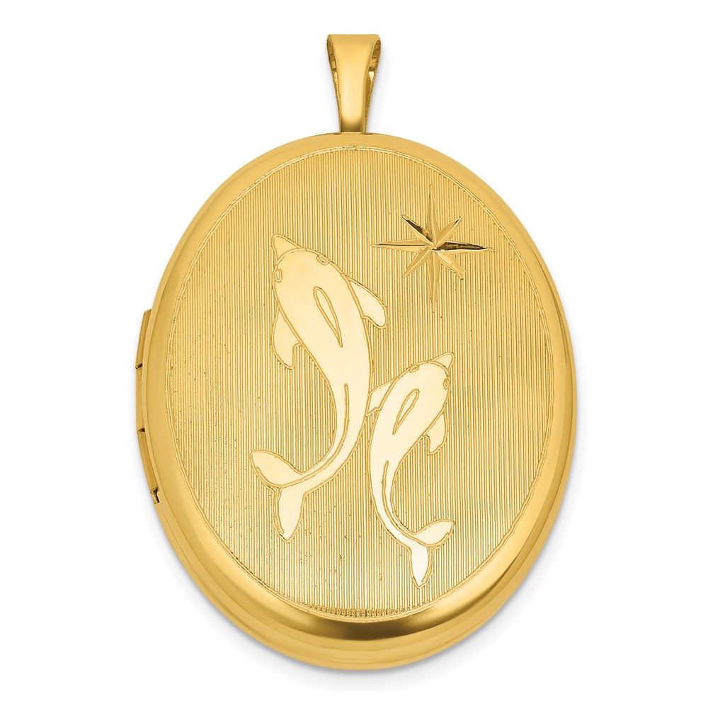 QLS1239GP.jpg Sterling Silver Gold-plated Polished Front/Brushed Back Two Dolphins 20mm Oval Locket - Image 1