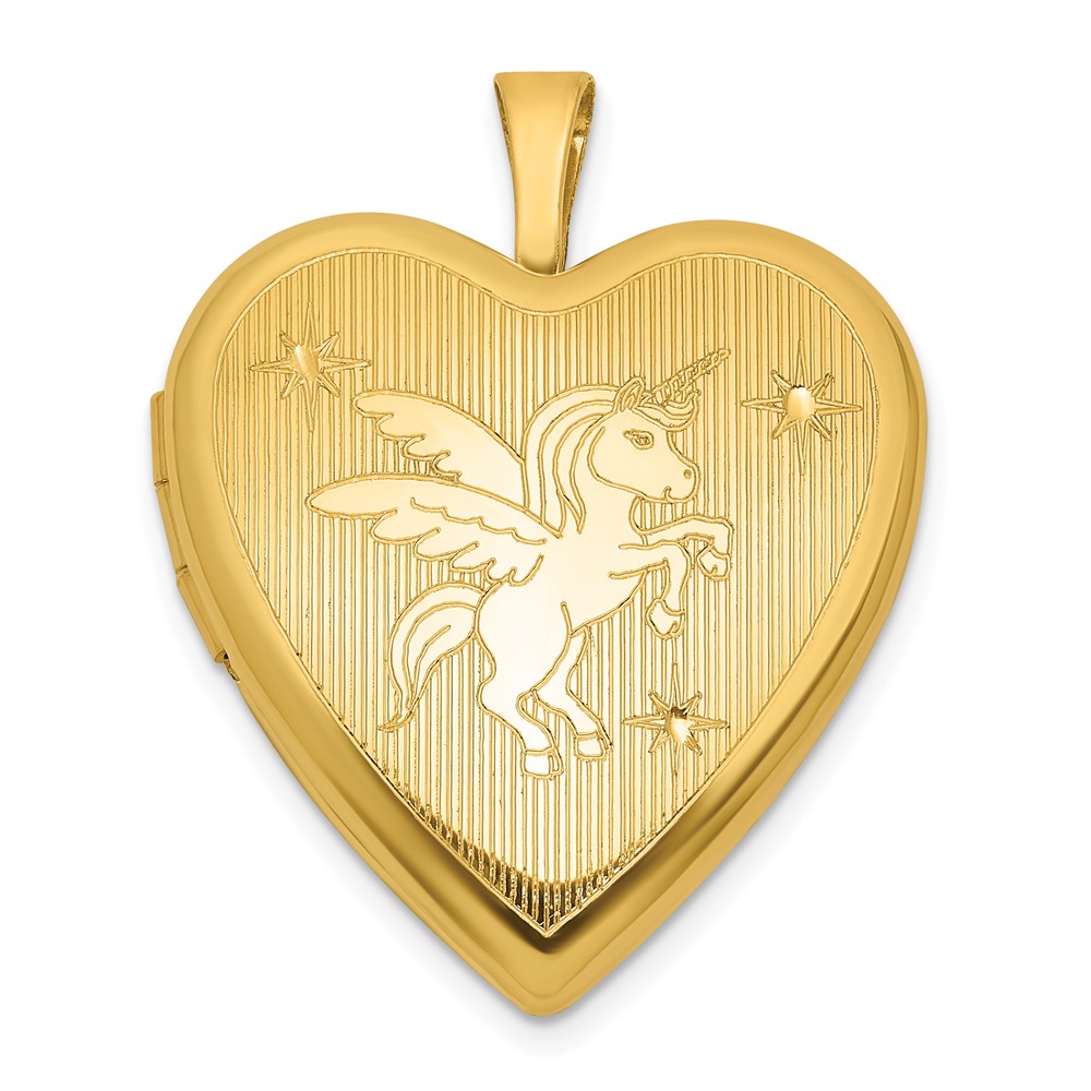 QLS1257GP.jpg Sterling Silver Gold-plated Polished Front/Brushed Back Unicorn/Alicorn 20mm Heart Locket - Image 1