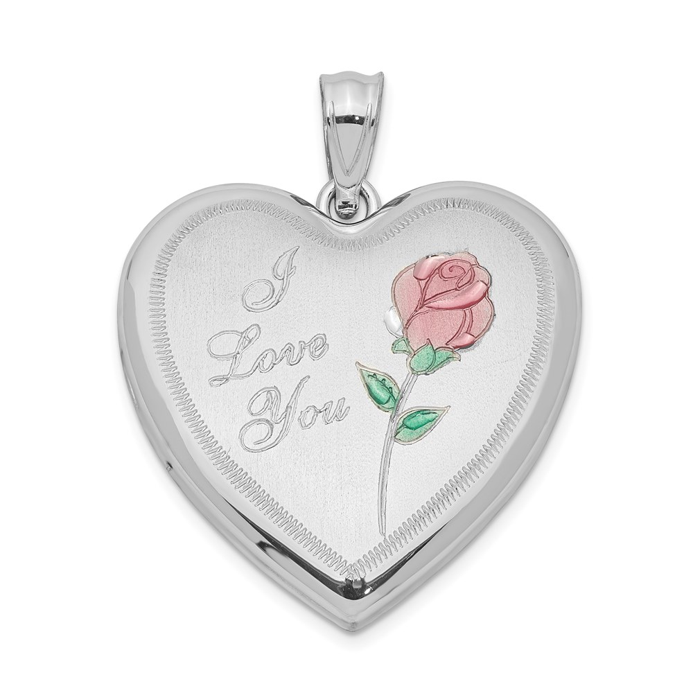 QLS305.jpg Sterling Silver Rhodium-plated 24mm Enameled Rose Heart Locket - Image 1