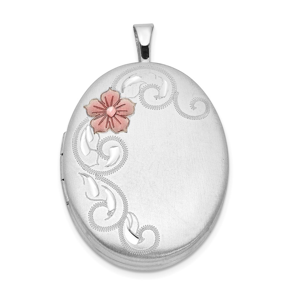 QLS331.jpg Sterling Silver Rhod-plated 26mm Satin Enameled Flower Scroll Oval Locket - Image 1