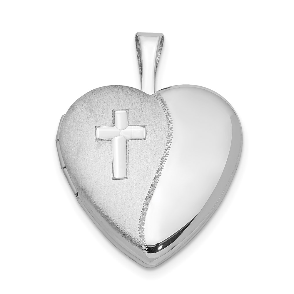 QLS380.jpg Sterling Silver Rhodium-plated 16mm Polished & Satin Cross Heart Locket - Image 1