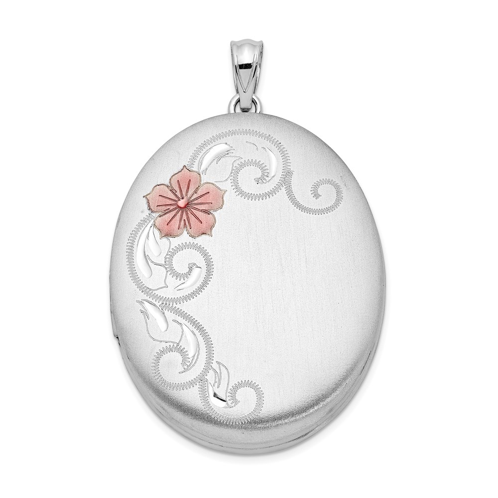 QLS518.jpg Sterling Silver Rhodium-plated Satin & Enameled Floral 34mm Oval Locket - Image 1