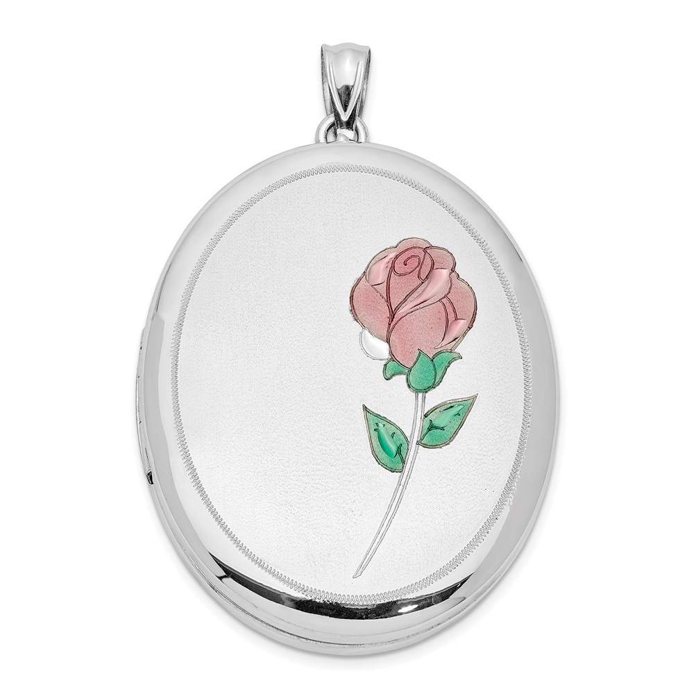 QLS545.jpg Sterling Silver Rhod-plated Satin & Polished Enamel Rose 34mm Oval Locket - Image 1