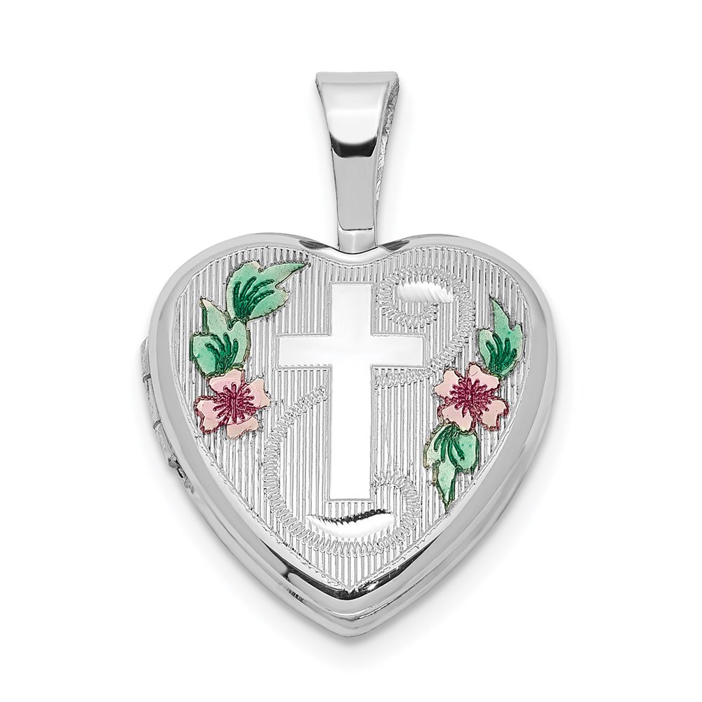 QLS570.jpg Sterling Silver Rhodium-plated Cross w/ Enamel Flowers 12mm Heart Locket - Image 1
