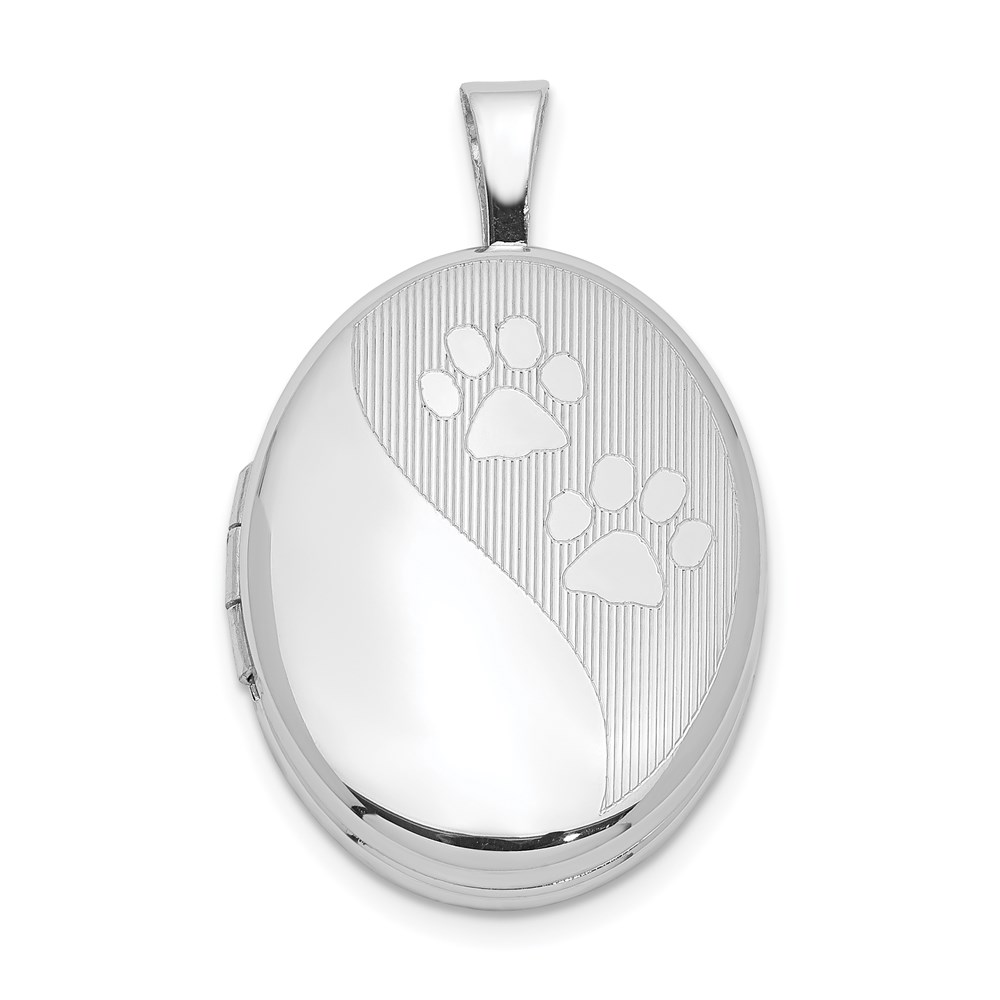 QLS716.jpg Sterling Silver Rhodium-plated Satin & Polished Paw Prints 19mm Oval Locket - Image 1