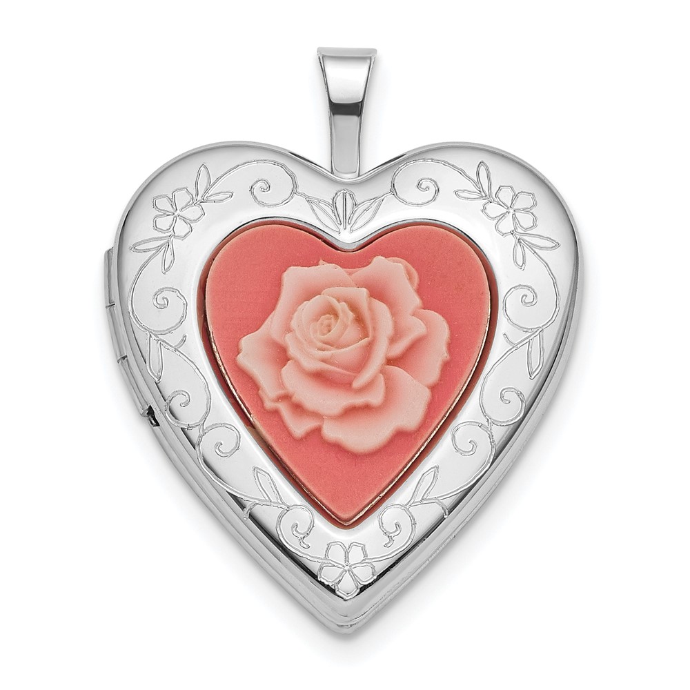 QLS781.jpg Sterling Silver Rhod-pltd 20mm Pink Resin Rose Cameo Heart Locket - Image 1