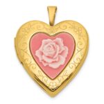 Sterling Silver Gold-plated Polished Front/Brushed Back Pink Rose Resin Cameo 20mm Heart Locket