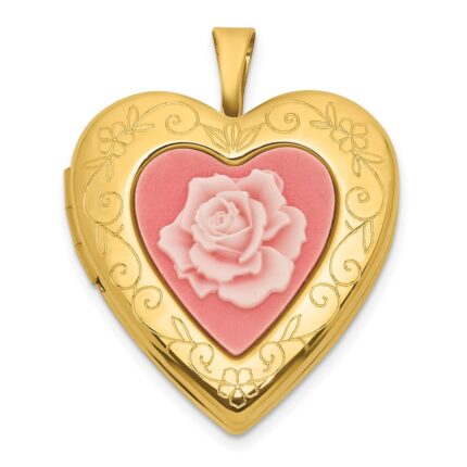 Sterling Silver Gold-plated Polished Front/Brushed Back Pink Rose Resin Cameo 20mm Heart Locket