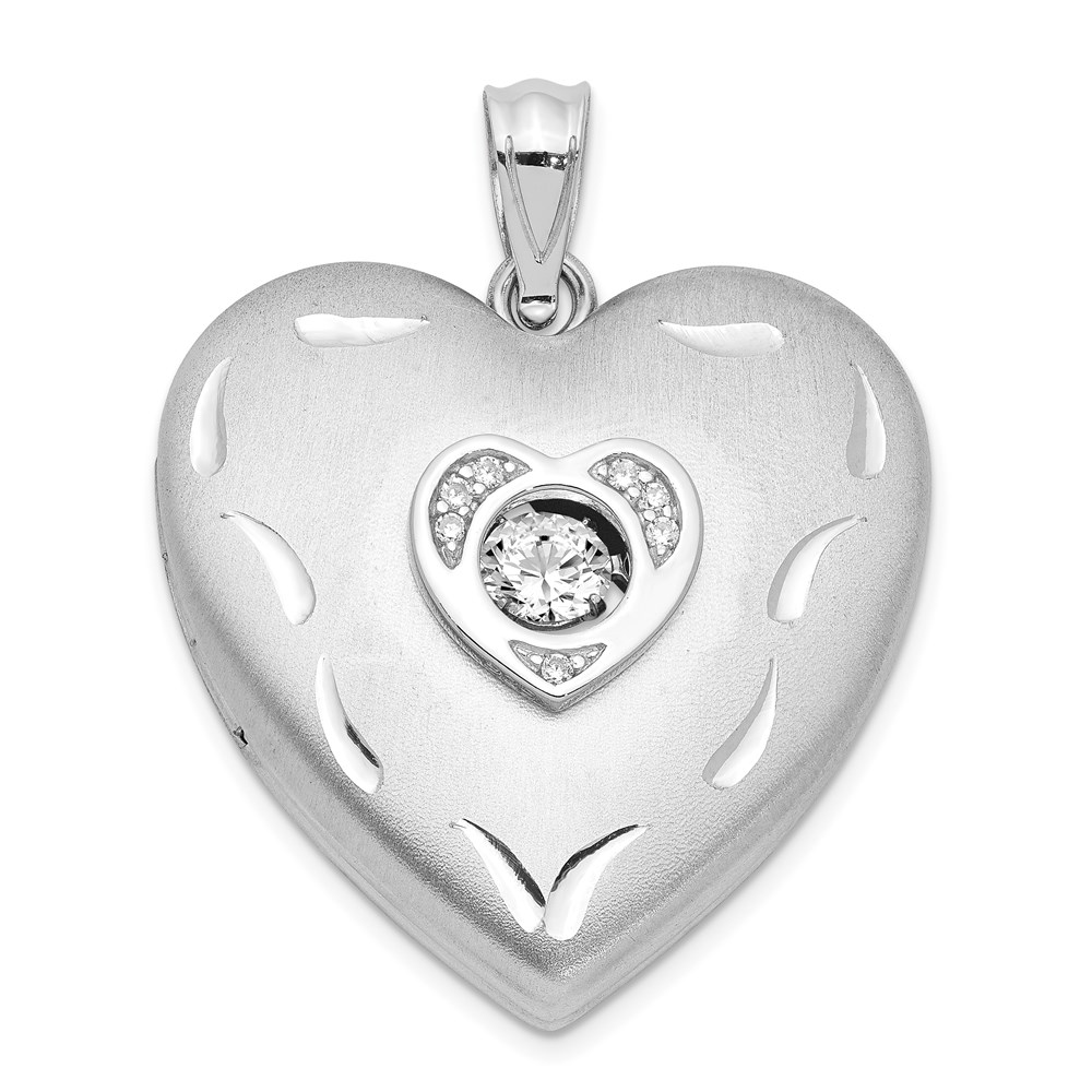 QLS980.jpg Sterling Silver Rhodium-plated Satin Diamond & Vibrant CZ Heart Locket - Image 1