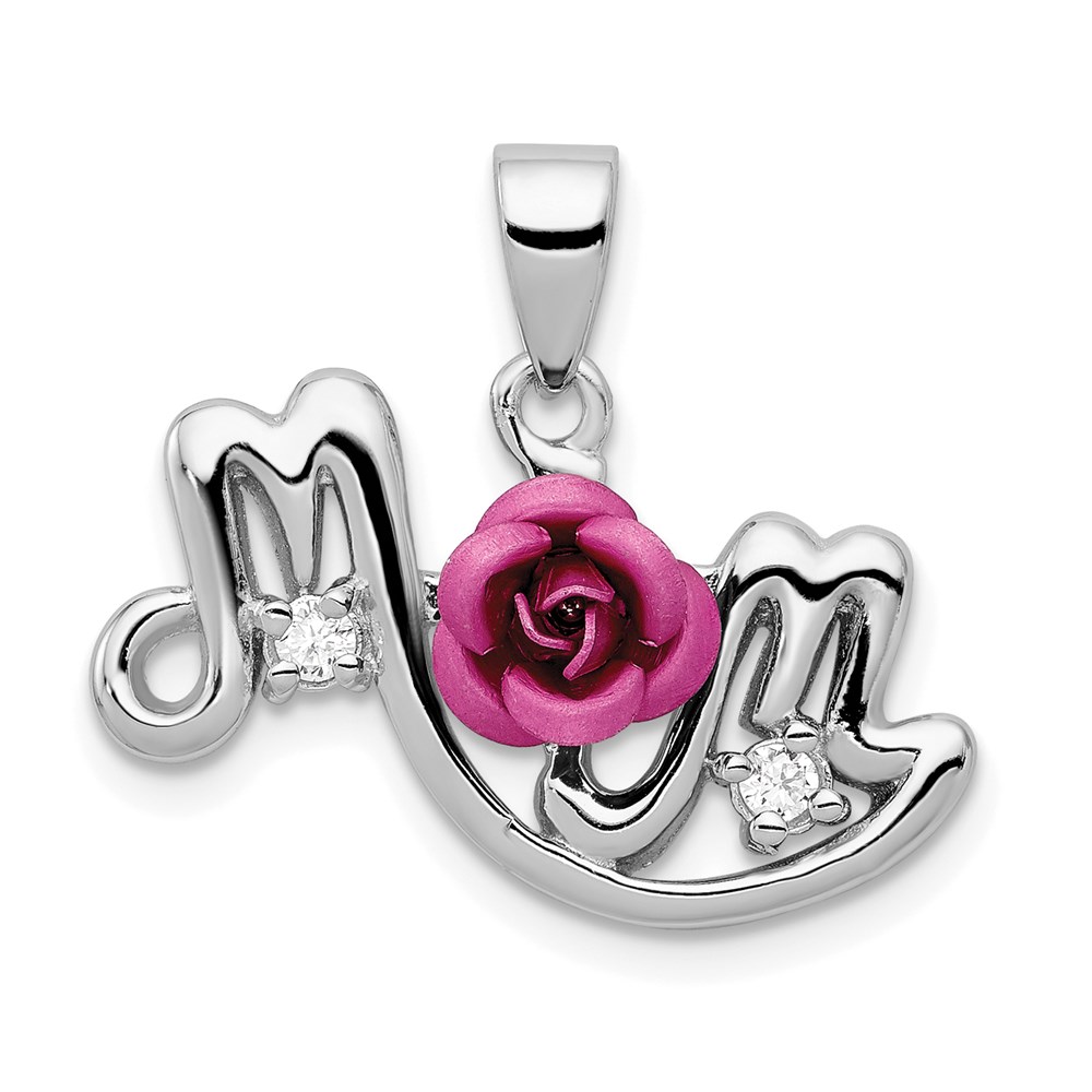 QP1005.jpg Sterling Silver RH-pltd Dyed Pink Aluminum Rose/Clear CZ Mom Pendant - Image 1