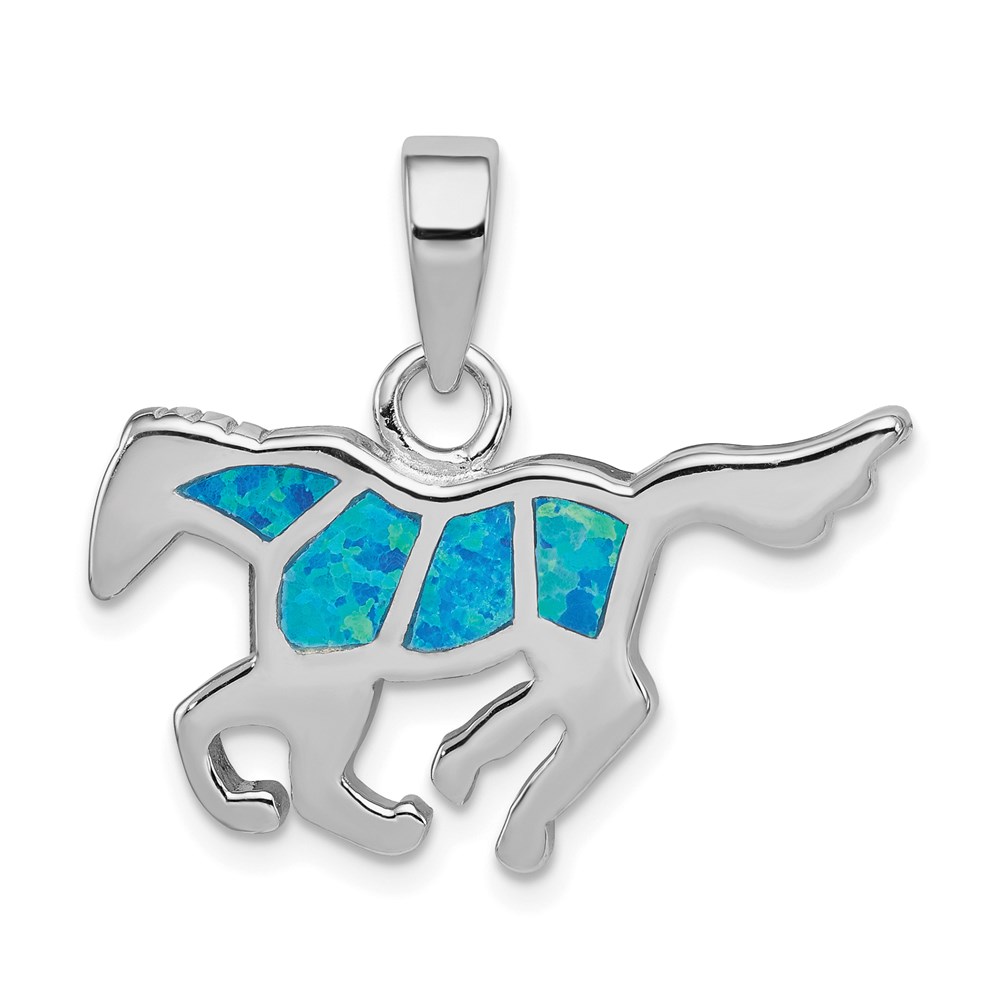 QP1889.jpg Sterling Silver Rhod-plated Created Blue Opal Inlay Horse Pendant - Image 1