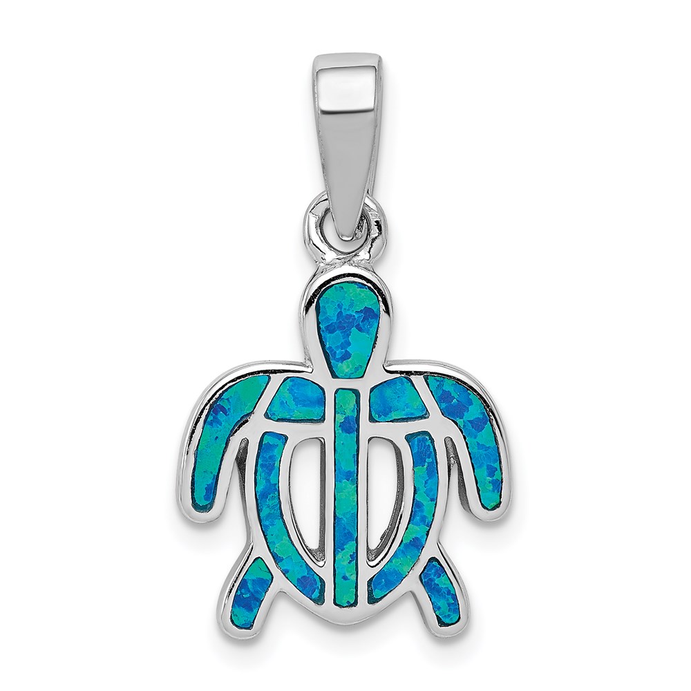 QP1893.jpg Sterling Silver Rhodium-plated Polished Created Blue Opal Inlay Tortoise Pendant - Image 1